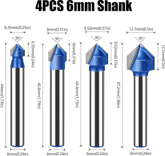 V-groove CNC cutter 90° 6 mm set of 4